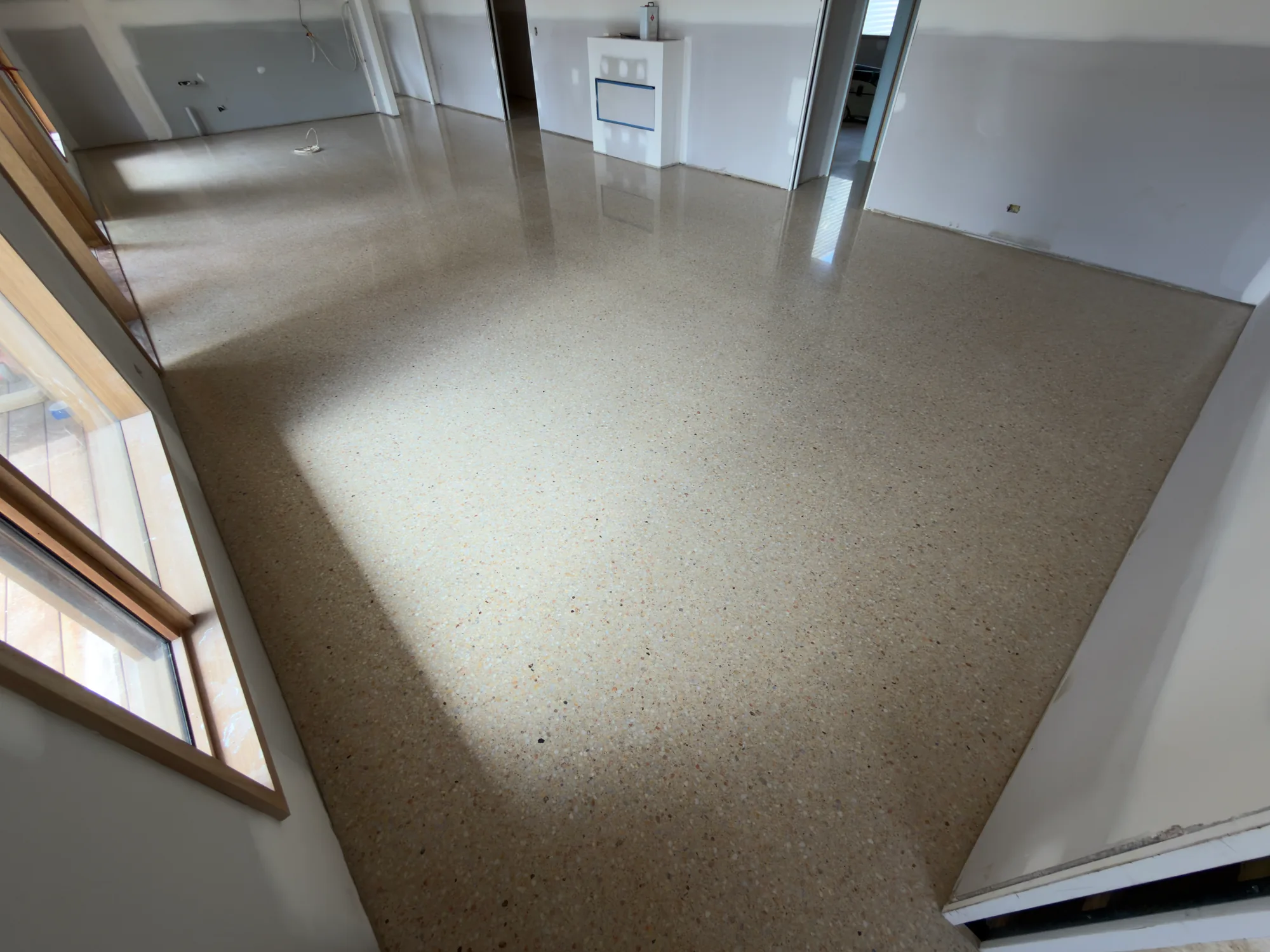 Full-exposure polished concrete across an Ocean Grove living space, reflecting light from timber-framed glazing